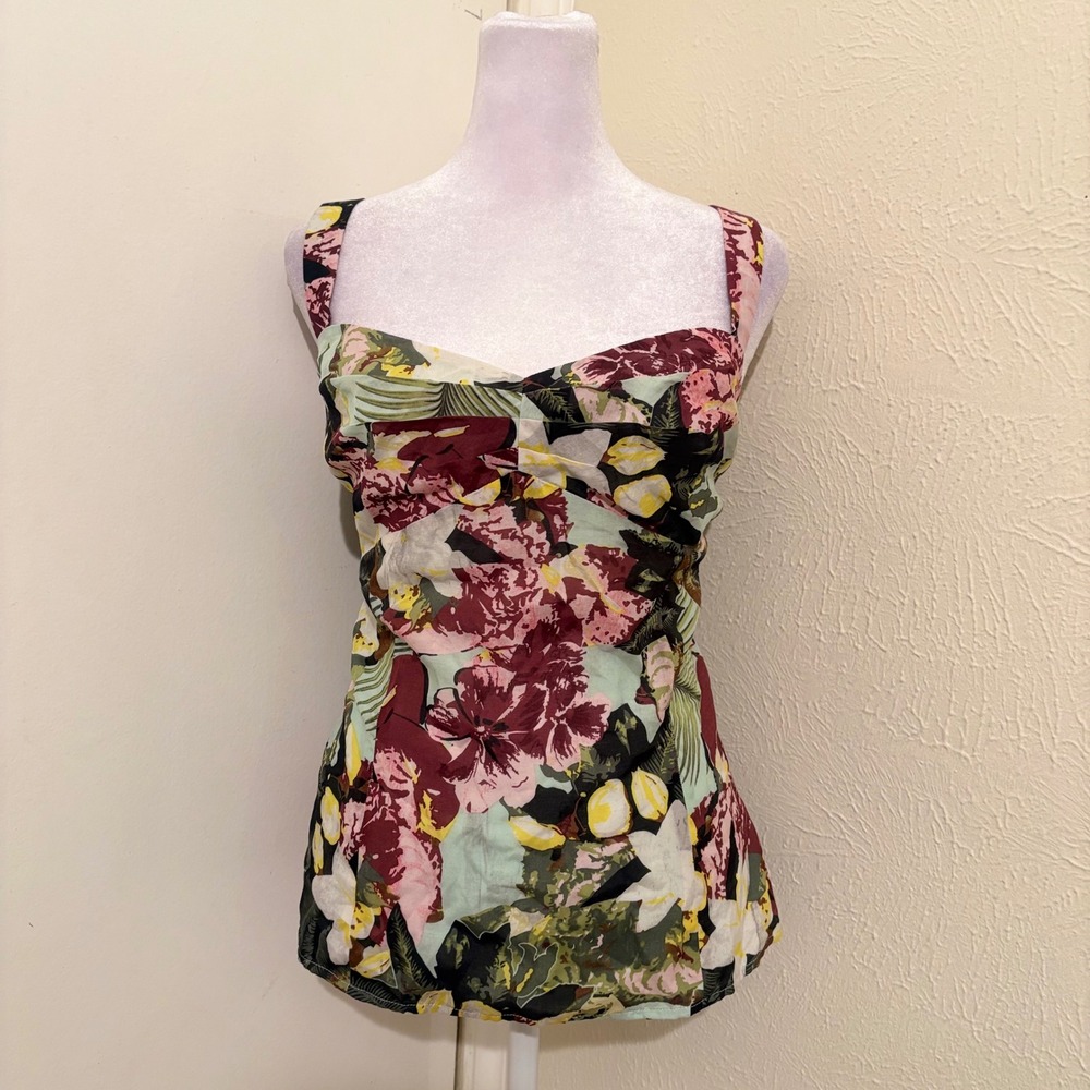 Green Pink Dark Floral Silk Cotton Sleeveless Strappy Fitted Tank Top Blouse 16